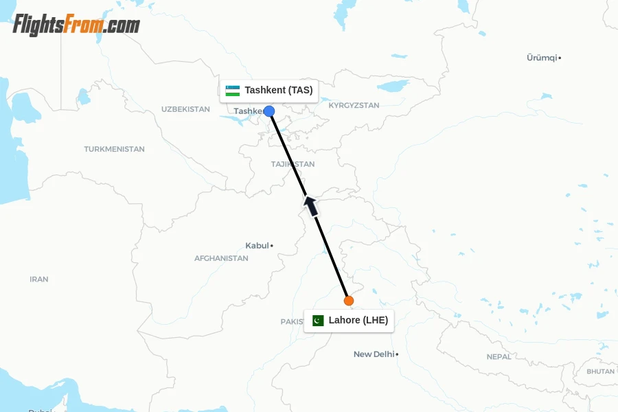 Flights from Lahore to Tashkent route map