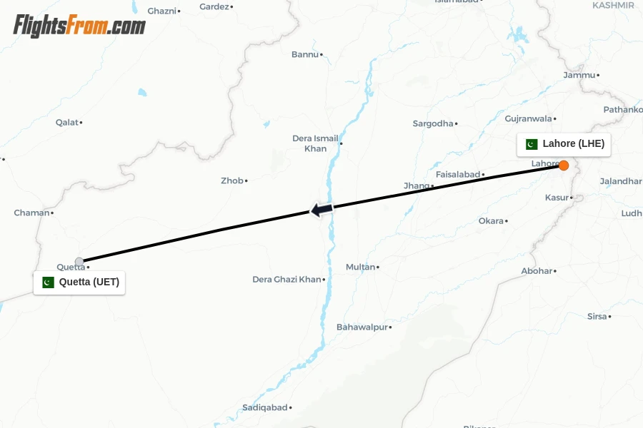 Flights from Lahore to Quetta route map