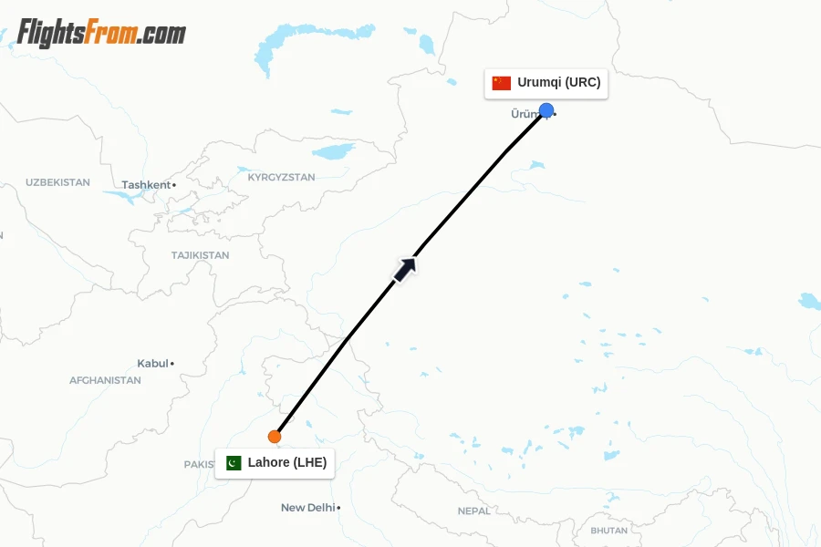 Flights from Lahore to Urumqi route map