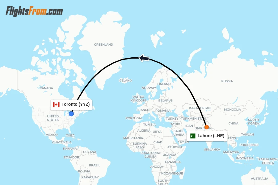 Flights from Lahore to Toronto route map