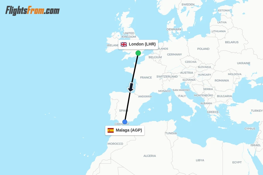 Flights from London to Malaga route map