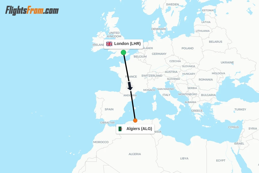 Flights from London to Algiers route map