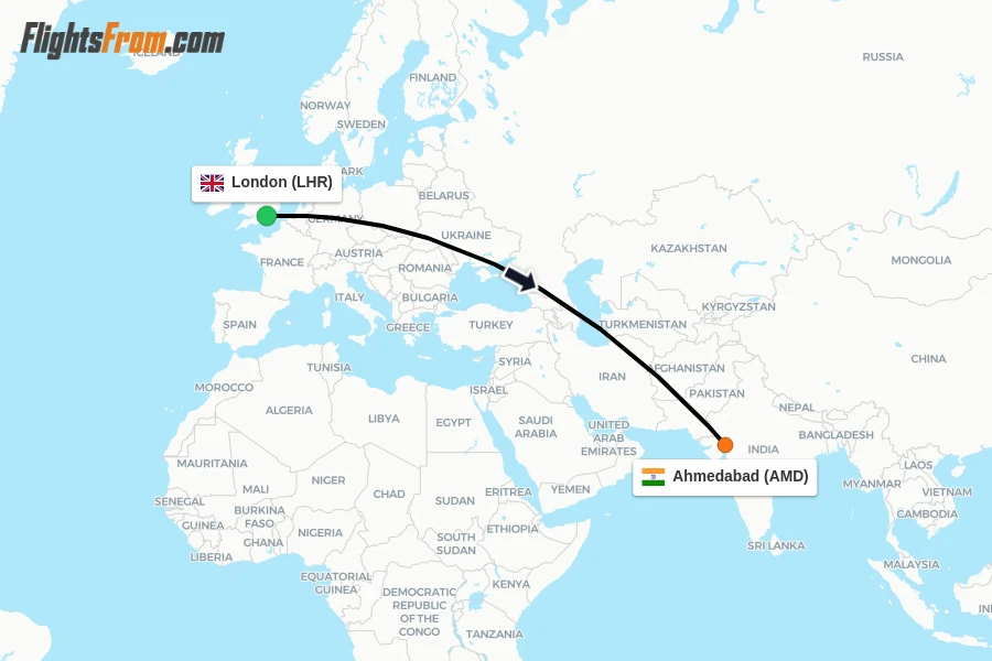 Flights from London to Ahmedabad route map