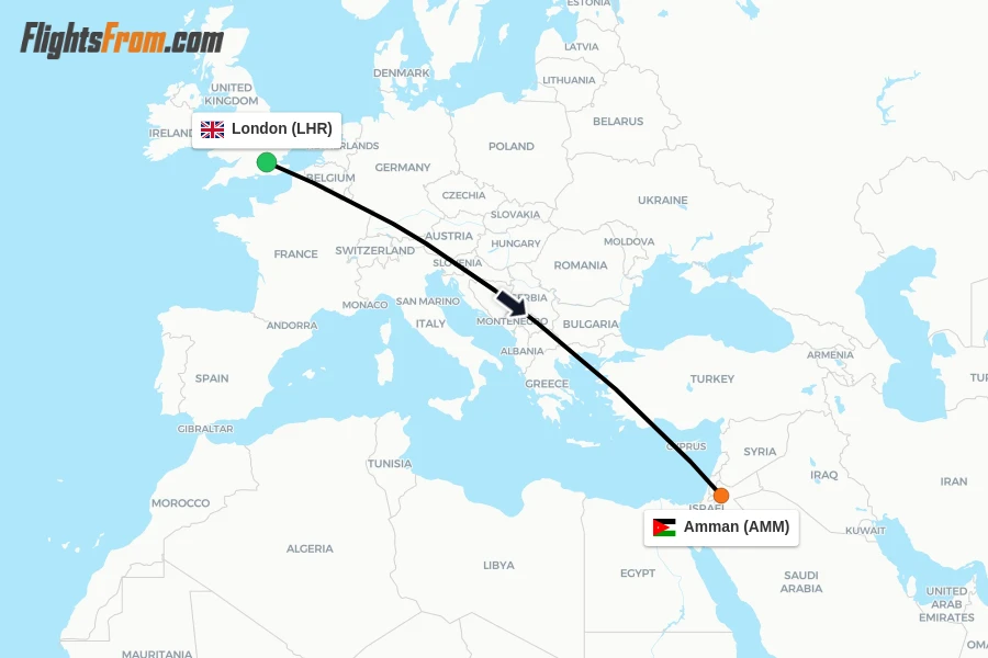 Flights from London to Amman route map