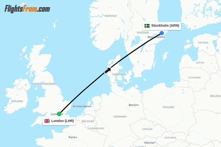 Flights from London to Stockholm route map