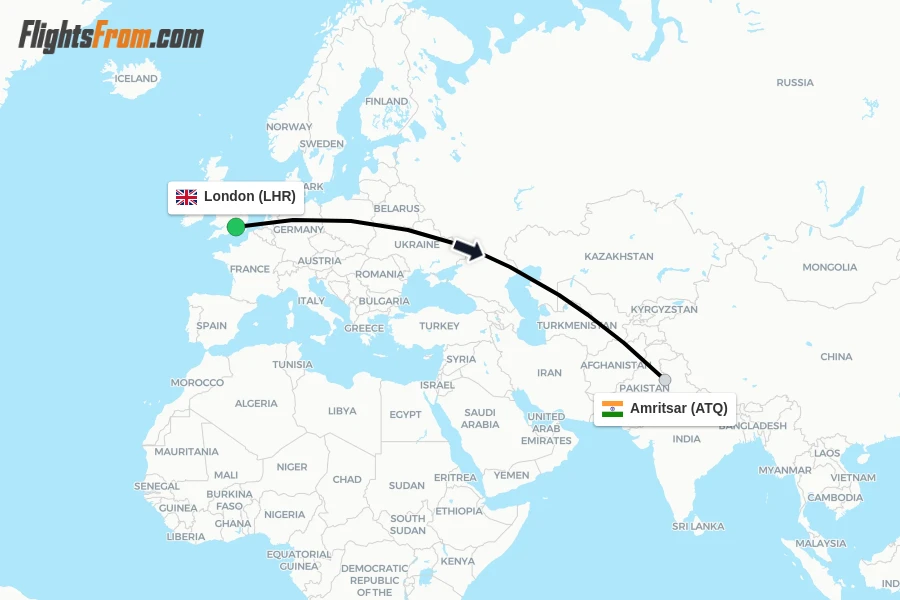 Flights from London to Amritsar route map