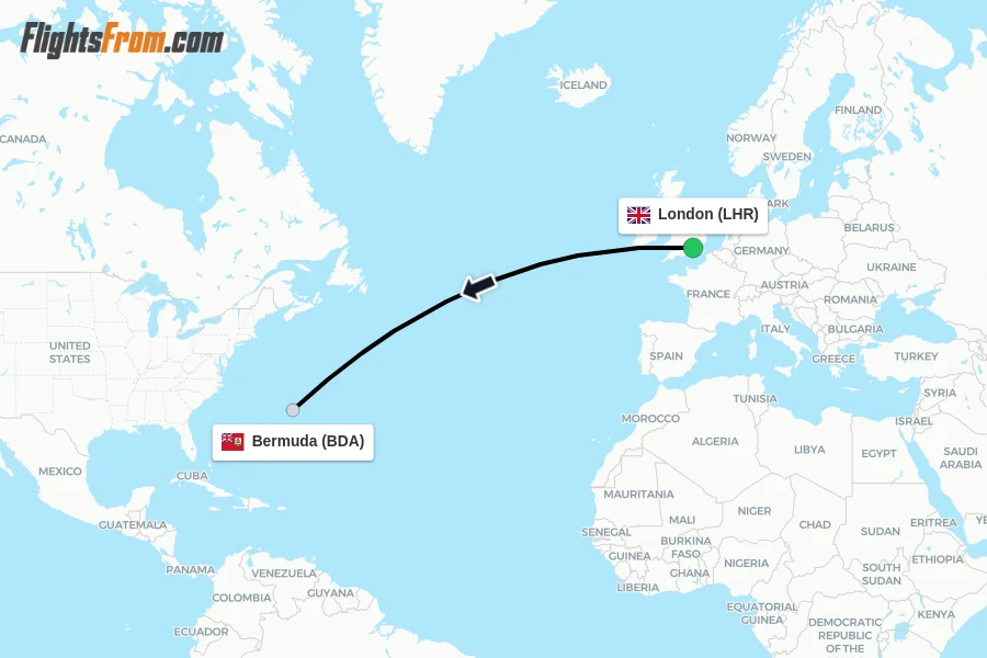Flights from London to Bermuda route map