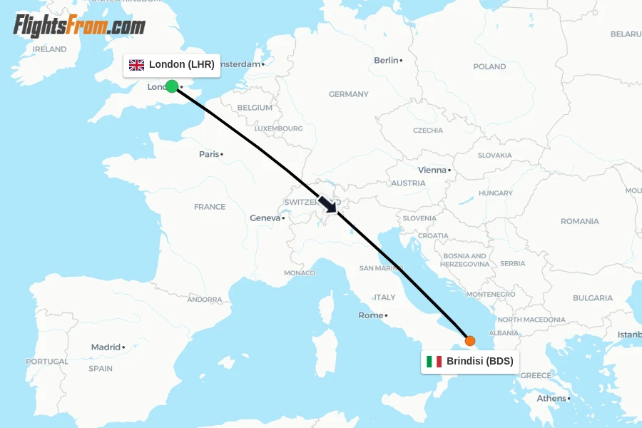 Flights from London to Brindisi route map