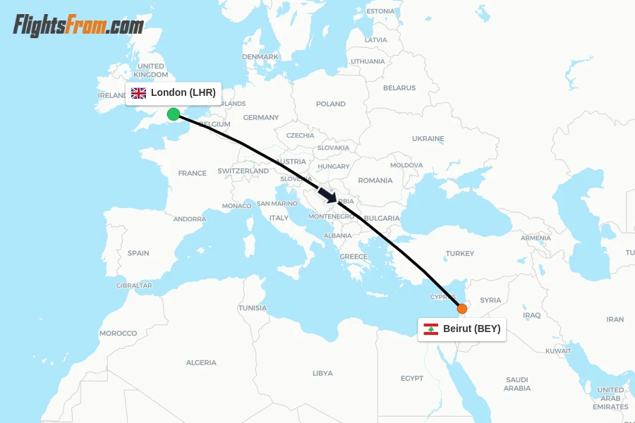Flights from London to Beirut route map
