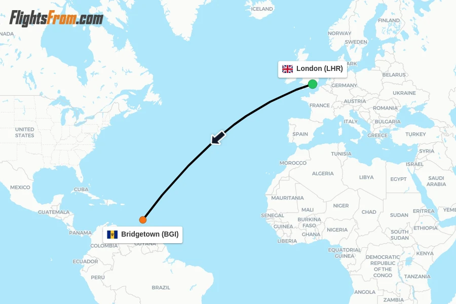 Flights from London to Bridgetown route map