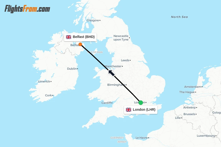 Flights from London to Belfast route map
