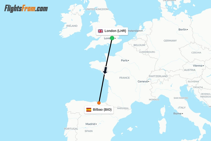 Flights from London to Bilbao route map