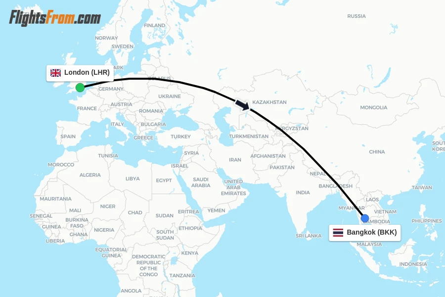 Flights from London to Bangkok route map