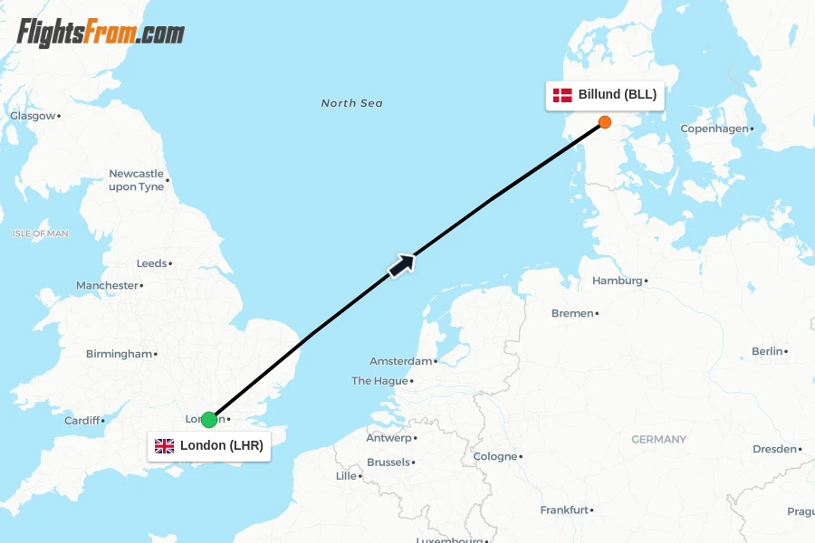 Flights from London to Billund route map
