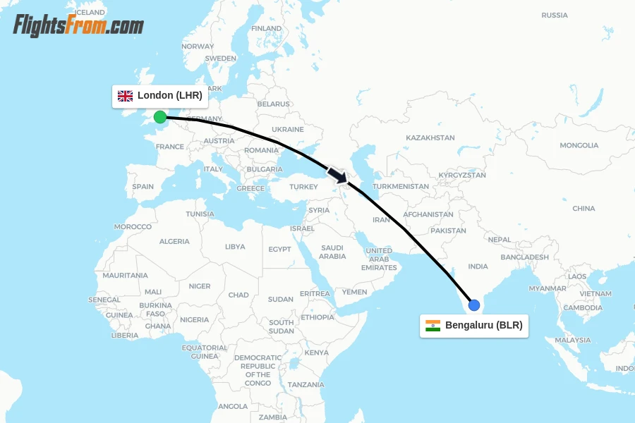 Flights from London to Bengaluru route map