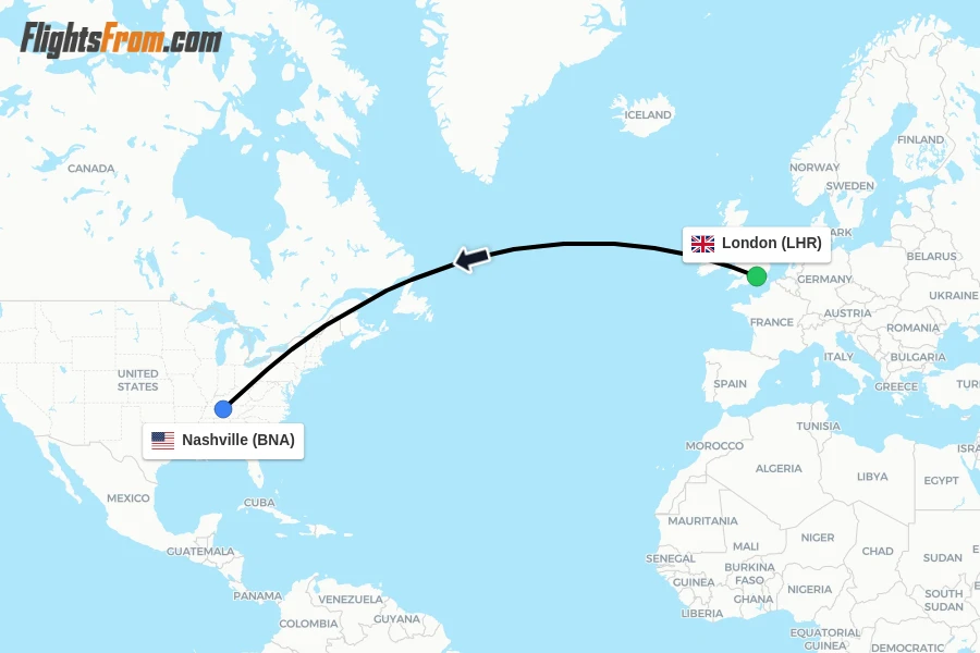 Flights from London to Nashville route map