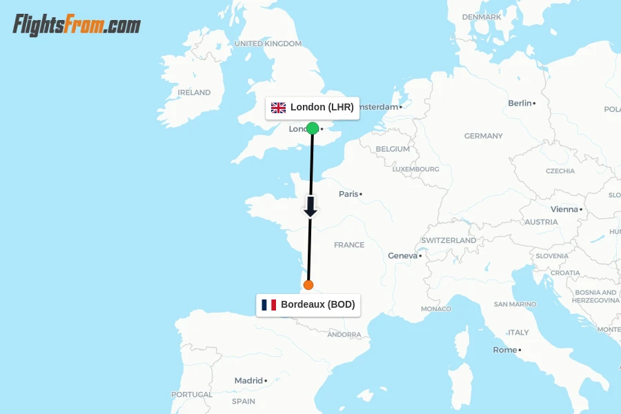 Flights from London to Bordeaux route map