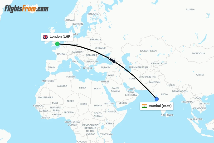 Flights from London to Mumbai route map