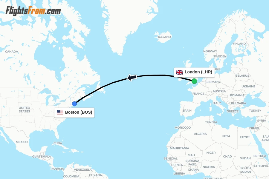 Flights from London to Boston route map