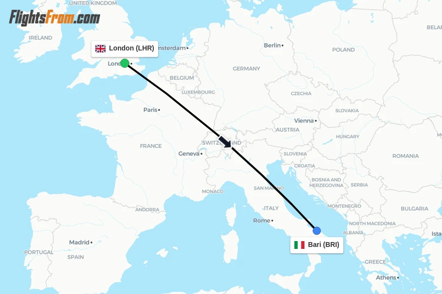 Flights from London to Bari route map