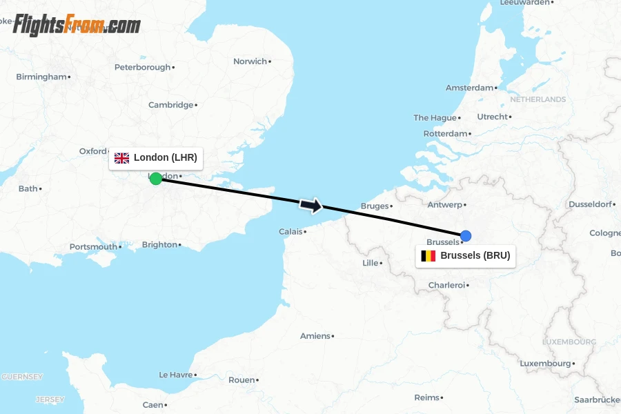 Flights from London to Brussels route map