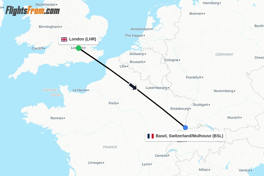 Flights from London to Basel, Switzerland/Mulhouse route map