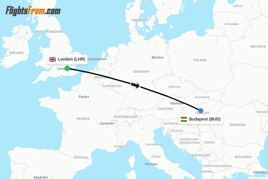 Flights from London to Budapest route map