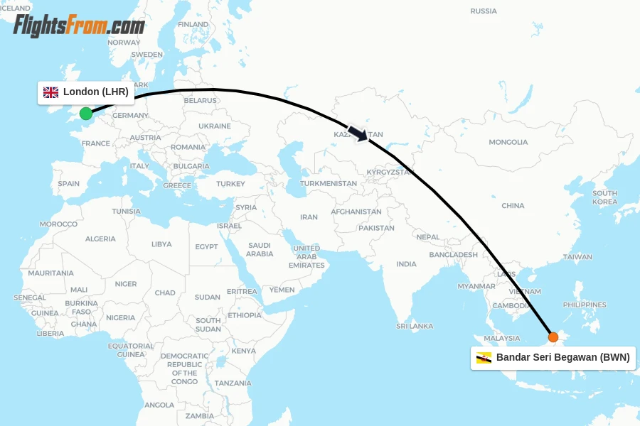 Flights from London to Bandar Seri Begawan route map