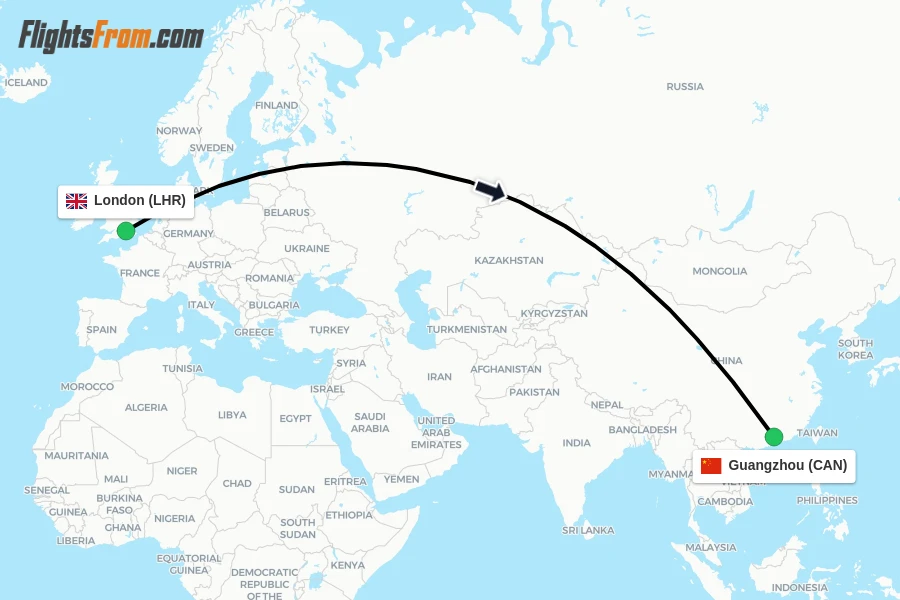 Flights from London to Guangzhou route map