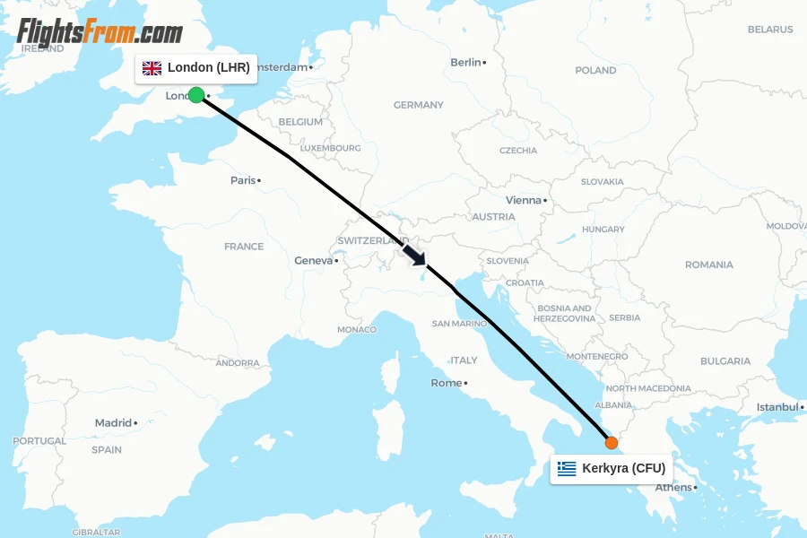 Flights from London to Kerkyra route map