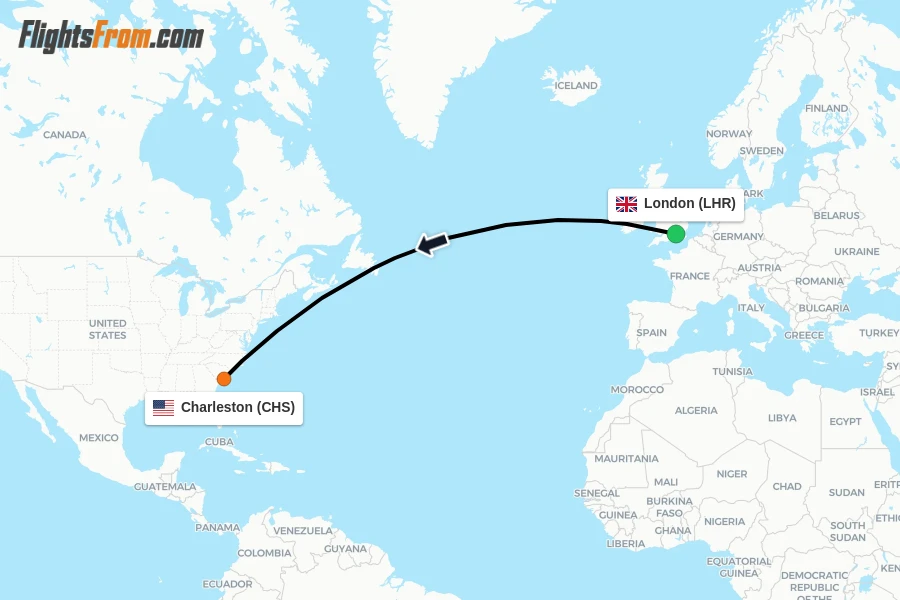 Flights from London to Charleston route map