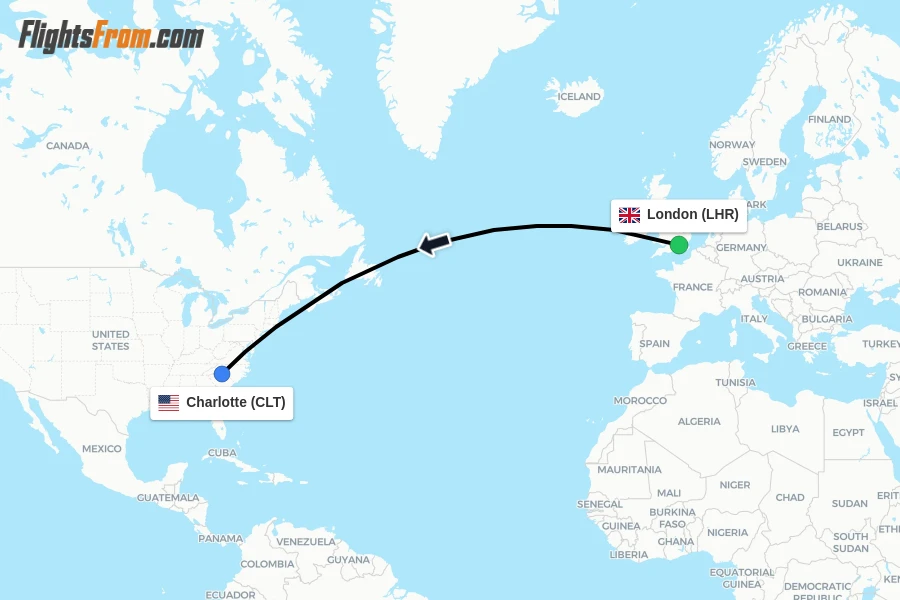 Flights from London to Charlotte route map