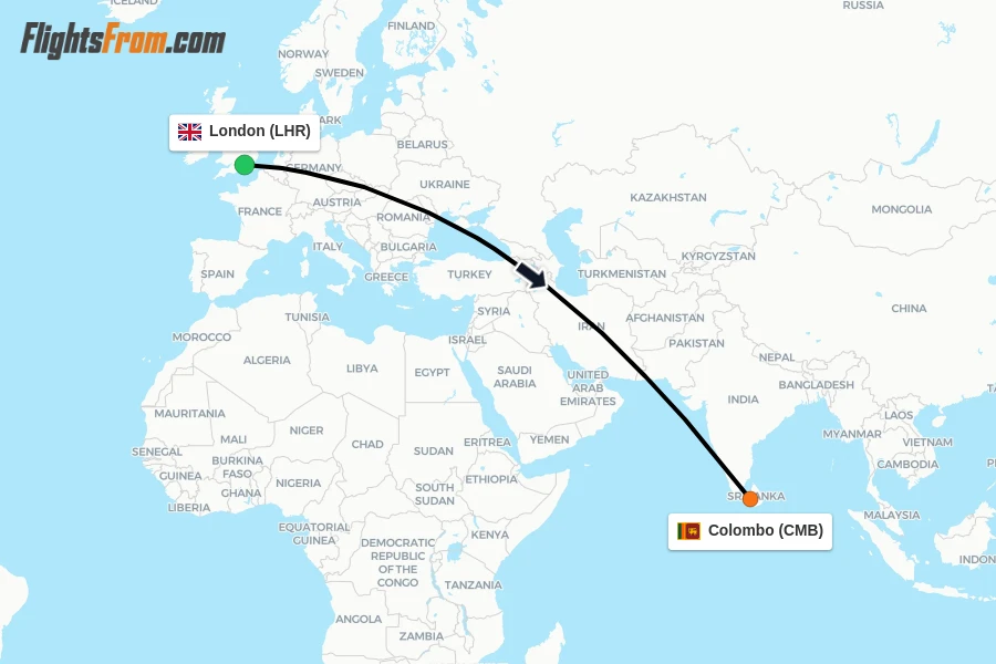 Flights from London to Colombo route map
