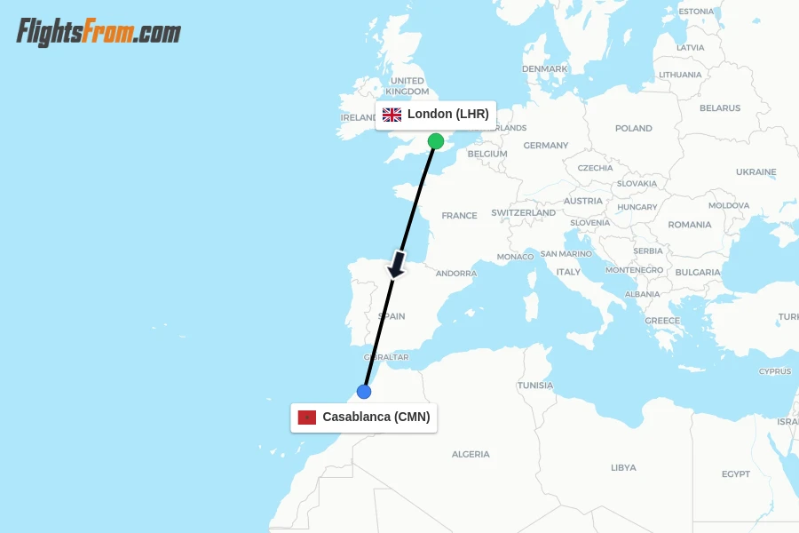 Flights from London to Casablanca route map