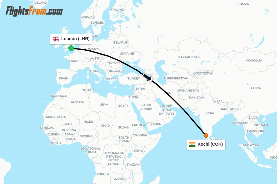 Flights from London to Kochi route map