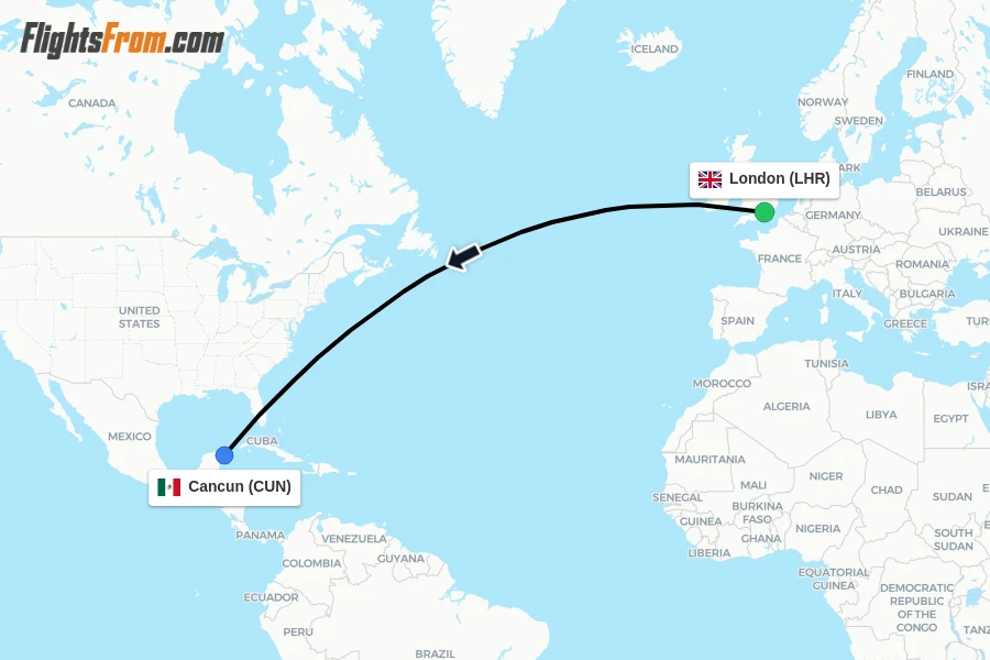 Flights from London to Cancun route map