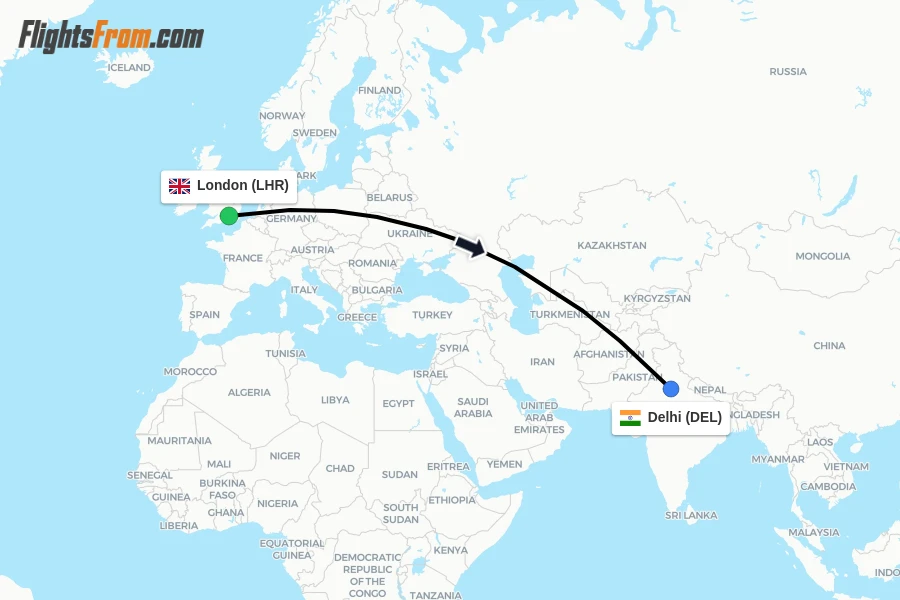 Flights from London to Delhi route map