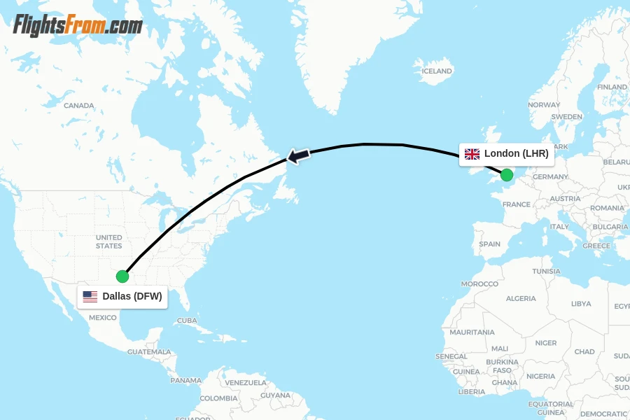 Flights from London to Dallas route map