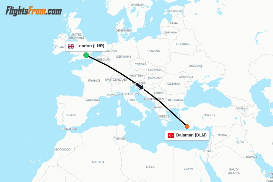 Flights from London to Dalaman route map