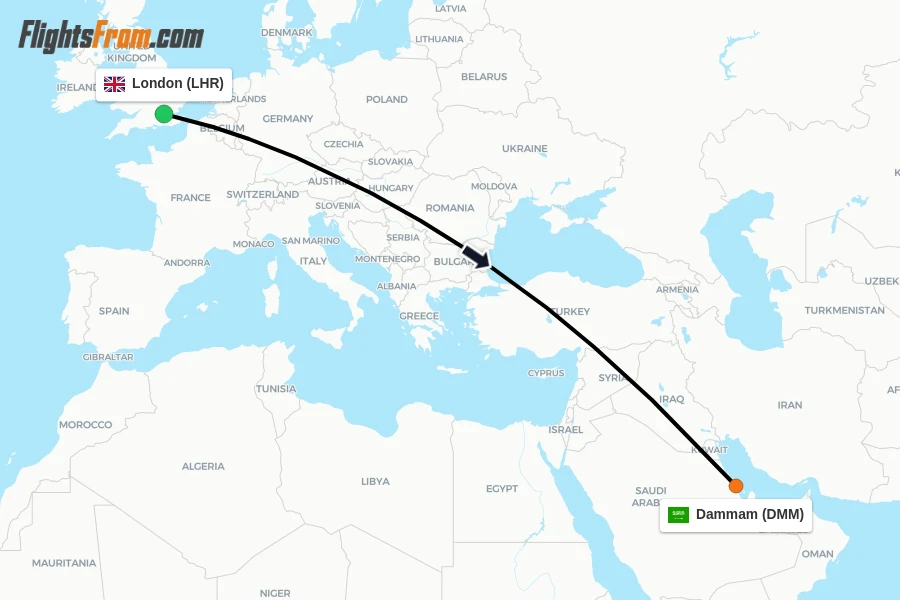 Flights from London to Dammam route map