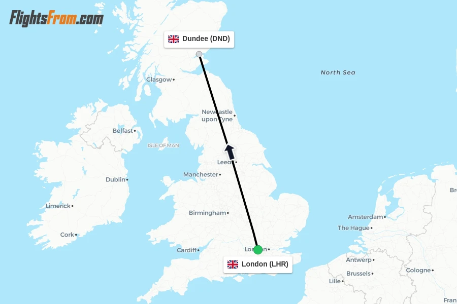 Flights from London to Dundee route map