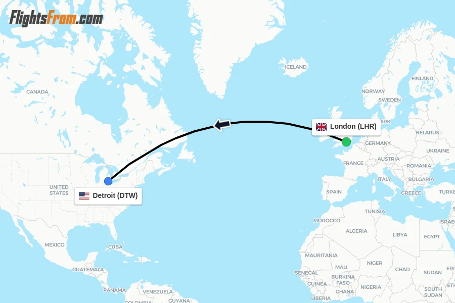 Flights from London to Detroit route map