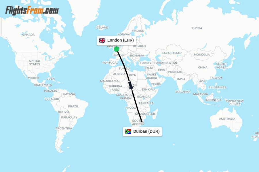 Flights from London to Durban route map