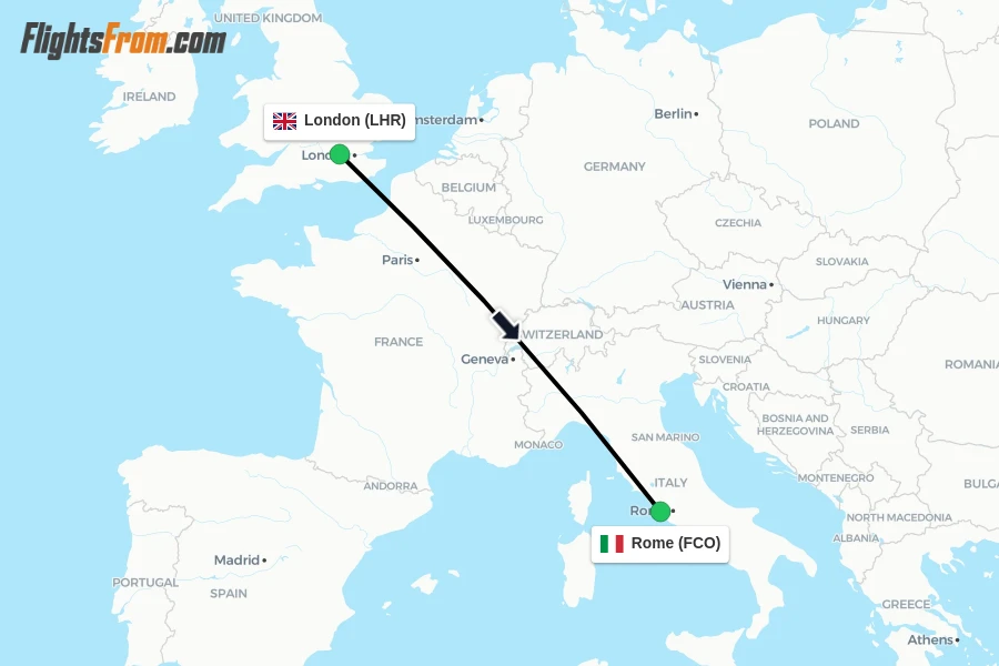 Flights from London to Rome route map