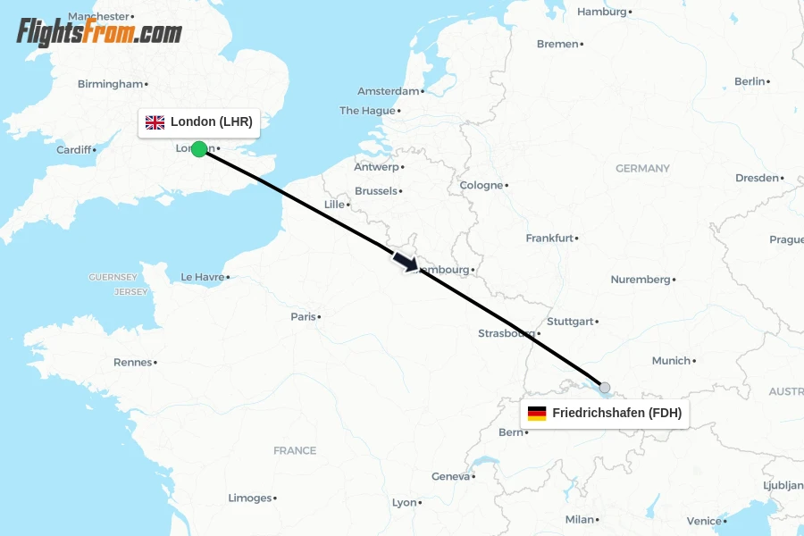 Flights from London to Friedrichshafen route map