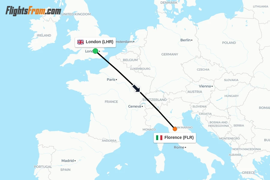 Flights from London to Florence route map