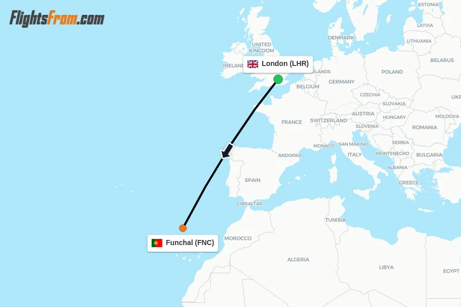 Flights from London to Funchal route map
