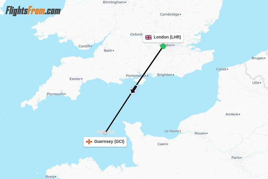 Flights from London to Guernsey route map