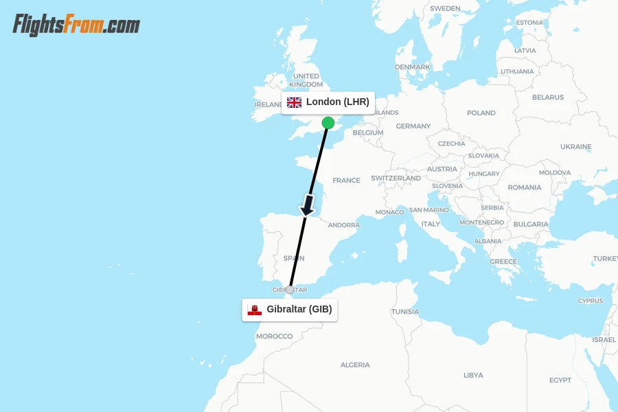 Flights from London to Gibraltar route map