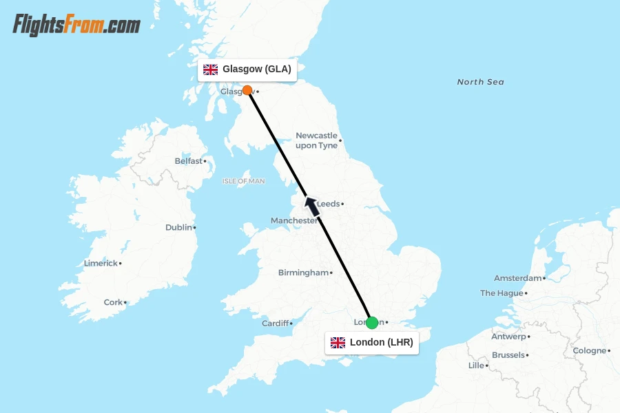 Flights from London to Glasgow route map
